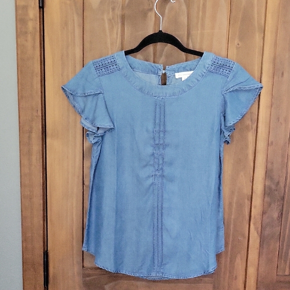 Blu Pepper Denim Blue Blouse with Ruffle Sleeves - Picture 1 of 5